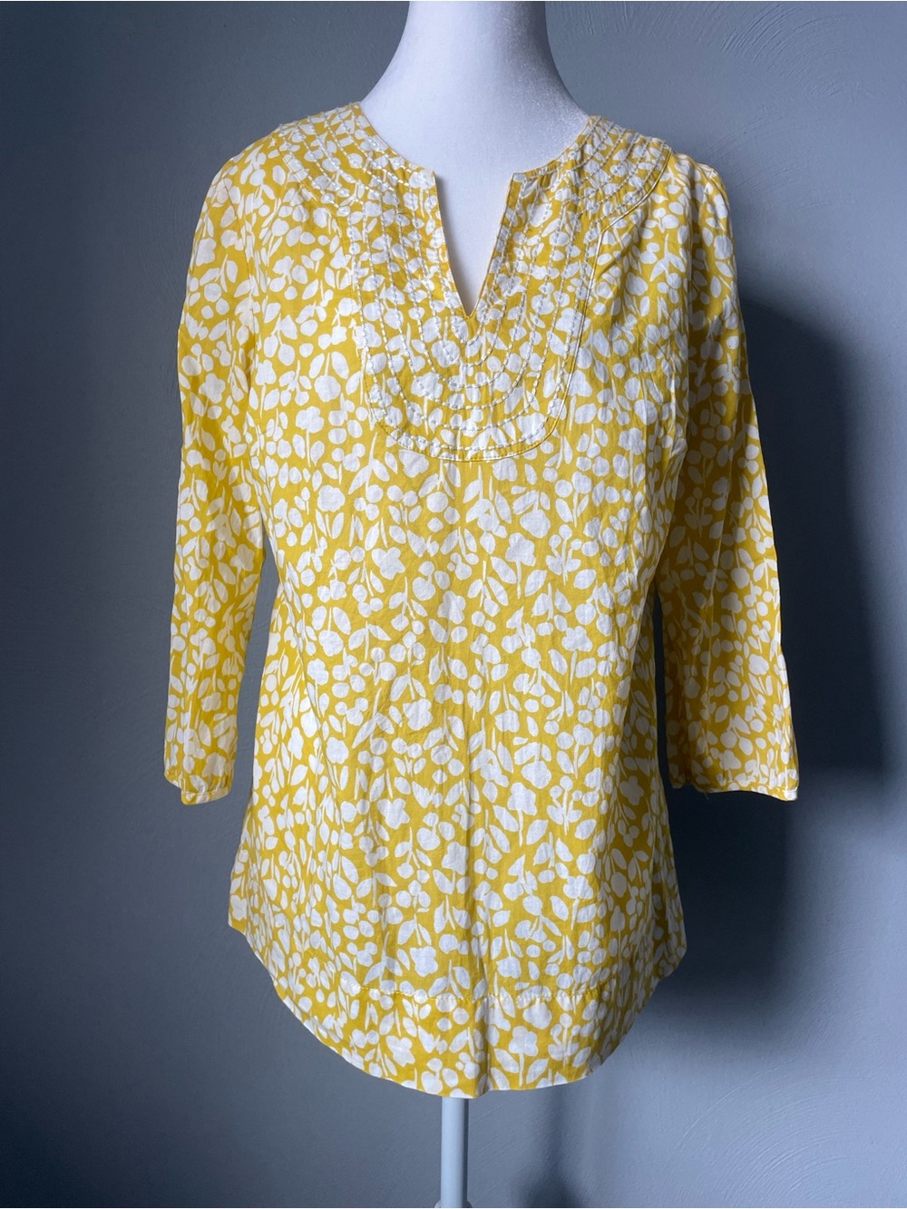 Boden Cottagecore Yellow Leaf Print Notch V-Neck Blouse